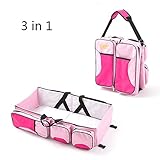 3-In-1コンバーチブルおむつバッグ、大容量防水ベビーベッドトラベルバッグ,Pink