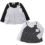 (ブラック/90cm)子供服 女の子 Tシャツ 長袖 重ね着風 キャミソール Aライン リボン ワッペン ドット柄 女児 ベビー
