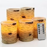 Pandaing Set of 5 Pillar Birch Bark Effect Flameless LED Candles with 10-key Remote Control and 2 4 