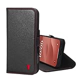 TORRO iPhone 15 用スマホケース スタンド機能とカードポケット付きプレミアムレザーウォレットケース - ブラック（アクセント・レッド）