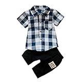 かわいい幼児キッズベビーボーイチェック柄半袖Tシャツトップス+ショートパンツ2個の衣装セット (90, 青)