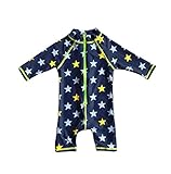 Bonverano ベビー水着　男の子　ワンピース　半袖ラッシュガード　キャップ付き　２点セット　UPF50+　紫外線対策　UVカット18-24M 星)