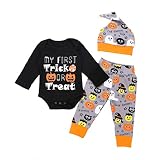 foncircle幼児ベビー女の子男の子服ハロウィンキッズ赤ちゃんレタープリントロンパースジャンプスーツパンツ帽子セットOutfit 90
