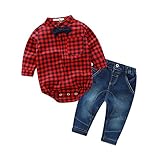 FEVON　シャツ　子供　ベビー服　男の子　ボーイズ　セットアップ　2点セット　ワイシャツとロングパンツ　長袖　春　夏　秋　ズボン　チェック柄　トップス　ボウタイ付き　デニムパンツ　かっこいい　フォー