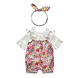 ALLAIBB ベビー服 サロペット ロンパース 女の子 Tシャツ 夏 半袖 3点セット 花柄 ヘッドバンド size 70 (ホワイト)