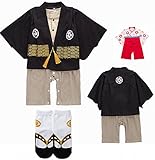 sakura作(サクラサク) サムライロンパース 男の子 女の子 正月 誕生日 記念日 お披露目 節句 日本 和装 袴 (ブラック, 90)