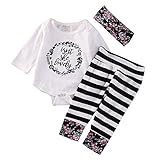 新生児 女の子 Isnt she lovely プリント ロンパース ストライプ　パンツ 花柄 ヘッドバンド 3点セット (0-6月, 白)