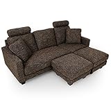 ソファ カウチソファ 4way ポケットコイル ファブリック ヘッドレスト 天然木土台 ブラウン