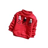 PANCY 子供服 秋冬 上質 防寒 長袖セーター ニット 丸首 厚手 かわいい 裏起毛 毛玉 笑顔柄 女の子 2色(l,レッド)