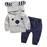 Cute Minor　かわいい　子供服 男の子 バーカ クマ耳付き　フーディプライマーシャツ　帽子付き　アルファベットプリント　　ルームウエア　上下セット　柔らか　快適 暖か 気持ち良い (90)