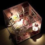 hjl- mini-villaピンクLEDライトプリンセスベッドルームモデルDIYハンドメイド木製人形House