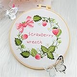 Meecaa 刺繍キット スターターセット 手刺繍セット いちご柄 プリント クロスステッチセット 初心者 大人用 刺繍フープと説明書付き (ストロベリーリング)