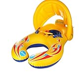 Hibote タンデムリング ボート 親子うきわ 2人用 付き浮き輪 シェード UVカット ベビーボート 足入れ浮き輪 座付き ベビー用 110X65cm