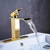 (Gold) Votamuta Deck Mounted Waterfall Spout Bathroom Sink Faucet Hot Cold Water Lavatory Mixer Tap 