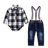 ベビー ロンパース 男の子 可愛い ジャンプスーツ+ジーンズ+サスペンダー+蝶ネクタイ 4点 セット 赤ちゃん 幼児服 チェック柄 長袖 シャツ デニム キッズ パンツ 子供服 男女共用 (9M-12