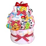出産祝い おむつケーキ Sassy（サッシー）フードブランケット付３段おむつケーキ” サブマリン”パンパースS (ピンク)