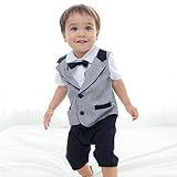 Maleden ベビー服 フォーマル 半袖 ロンパース 蝶ネクタイ付 Tシャツ チェック柄 スーツ 紳士風 男の子 結婚式 誕生日 子供服 男の子 ベビーフォーマル