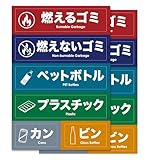 ゴミ分別ラベル 6種類セット カラフル6色 2枚シートセット 日本語英語表記 130×190mm ゴミ箱用 PVC 防水 耐水性 NYANDELMO ND-0225-R01-2sheets
