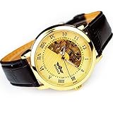 Winner Fashion Stainless Steel Case and Leather Band Hand Wind Mechanicla Watch for Man and Woman,Bl