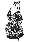 Spinas (スピナス) レディース マタニティ 花柄 スイムウェア タンキニ 水着 ホルターネック ツーピース ビーチ プール ブラック