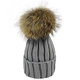 [モノジー] MONOZY キッズ ベビー ファー 付き 子供 ニット帽 選べる6色 ボンボン ニットキャップ 男女 兼用 秋 冬 帽子 (02) グレー)