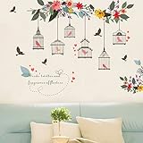 Witkey Birdcages Flowers Flying Birds Wall Stickers Birdhouse Decals Removable Art Wall Stickers hom