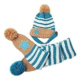 Plus Nao(プラスナオ) 子供用 ニット帽＆マフラー 2点セット セットアップ ボンボン付き ボーダー スターワッペン付き ビーニー ベビー キッズ 女の子 男の子 冬帽子 - ブルー