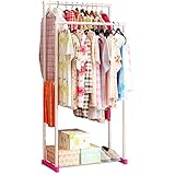 FKUO 衣服ハンガーダブルロッド鉄パイプシンプルなアセンブリバルコニーを取り外すことができます吊り下げ収納衣類ハンガーワードローブ (白, 70*35*143cm)