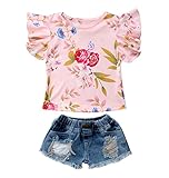 幼児の赤ちゃんの女の子の花の半袖のTシャツとリップジーンズ半袖の服装セット (3-4歳, A)