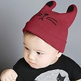 可愛い耳付き帽子　赤ちゃん幼児着　冬の暖かい　ニットのかぎ針編みの帽子　猫の耳　ビーニーキャップ　レッド
