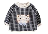 C-Princess ベビー 防水 長袖 スモック 食事 エプロン 幼児 赤ちゃん ビブ スタイ ガウン チェック ネコちゃん 可愛い 女の子 男の子 幼稚園 保育園 ネイビー 110