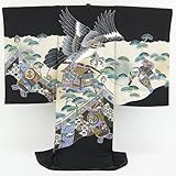 お宮参り 着物 男 「黒色地に大鷲と駕籠に印籠 生成り色のぼかし 金彩 刺繍」