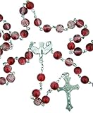カトリックTeen確認ギフト8 mmレッドCrackleガラスビーズwith Holy Doveセンター21インチロザリオネックレス