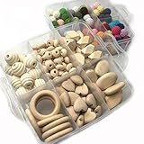 Kissteether DIYベビーテザー玩具アクセサリーキット2ボックスウッドハートスパイラルビーズ長方形ジオメトリックウッドビーズ長方形オーバルフラットチップアバカスビーズと14ミリメートル（0.