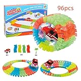 Raceレール車トラックToy Set for Kids誕生日andクリスマスギフトAge 3、4、5、柔軟なグローin theダークツイスタートラックwith LED電池式車、木含ま96ピース
