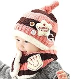 HBF ニット帽 マフラー セット ベビー キッズ 子供 赤ちゃん 用 防寒 かわいい ニット 帽子 キャップ ハット 誕生日 出産祝い ピンク＋ブラウン