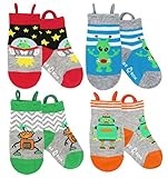 Ez Sox キッズアニマルソックス 縫い目のないつま先 4パック、(シューズサイズ7-12/3～5歳) Mサイズ エイリアン-ロボット