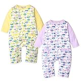 (ラベンダー/80cm) ベビー服 女の子 カバーオール 長袖 総柄プリント 配色切替 バックマチ付 前開きスナップボタン リボン 女児 ベビー
