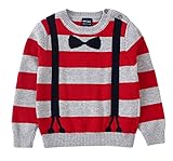 EOZY キッズ セーター ニット 男の子 子供服 ストライプ クルーネック リボンプリント　可愛い 長袖 トップス 秋冬 ボーイズ 柔らかい 120 レッド