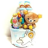 17006 おむつケーキ２段　男の子　リラックマぬいぐるみ・スタイ・ベビーソックス　おもちゃセット オムツケーキ　出産祝い