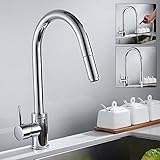 Wellbeingjp キッチン水栓 シャワー 混合水栓 キッチン用水栓 ハンドシャワー シングルレバー 360°回転スイベルスパウト ホース付き 冷温切換え 伸縮ノズルタイプ (クロムメッキ)