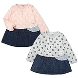 (グレー/95cm) ベビー服 女の子 ドッキング ワンピース 長袖 ドット柄 ニットデニム切替 フリル ワッペン 女児 ベビー