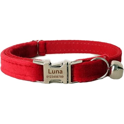 Tiiyar 猫 首輪 鈴付き 名前入り＆電話番号刻印 迷子札付き カスタマイズ ペット首輪 ID 猫小型犬に適用 (S, 赤)
