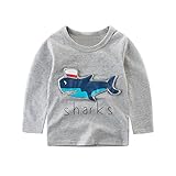 ベビー服 POTOJP キッズ服 赤ちゃん 春秋 快適 カッコイイ 長袖 丸首 スウェットtシャツ 立体サメ柄 プリント コットンブレンド製 T-shirts 子ども 上着 普段着 部屋着 (グレー,