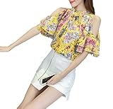 [シービリーヴ] オフショルダー 花柄 シフォン ブラウス トップス シャツ 5分丈 肩出し 半袖 春夏 肩見せ カットソー OL YEL オープンショルダー リゾート オフショル レース 刺繍 レデ