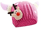 Plus Nao(プラスナオ) ベビーニット帽・トナカイ＆雪モチーフ・ツノ付き・クリスマス・子供・男女兼用・防寒 F チェリーピンク