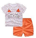 ふく福 可愛い綿キッズベビー半袖 Tシャツ+パンツ 上下セット子供服 薄手ソフト丸首 春夏 男女の子兼用 子供の日プレゼント誕生日ライオン クジラ ライオン (猫, 90cm)