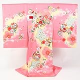 お宮参り 着物 女児 祝着 正絹　「ピンク地に薄黄色のぼかし　鞠と鈴に桜　刺繍」