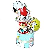 女の子用【スヌーピーバルーン使用】【ハート＆ベースボール】【メリーズS】スヌーピーのタオルとスタイ ビブ バルーンの おむつケーキ オムツケーキ (3月の誕生石のサンキャッチャー)