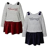 (ネイビー/100cm)子供服 女の子 ドッキング ワンピース 長袖 裏起毛 トレーナー ボーダー柄 ベロア スカート 肩リボン付 女児 キッズ